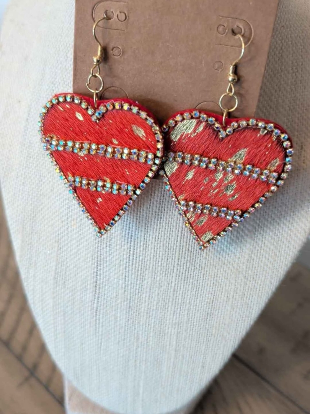 Plunder Red Heart Earrings with Gold Fleck and Rhinestone Stripes